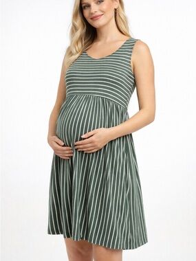 Green Striped Maternity Dress Sleeveless Empire Waist Size Large